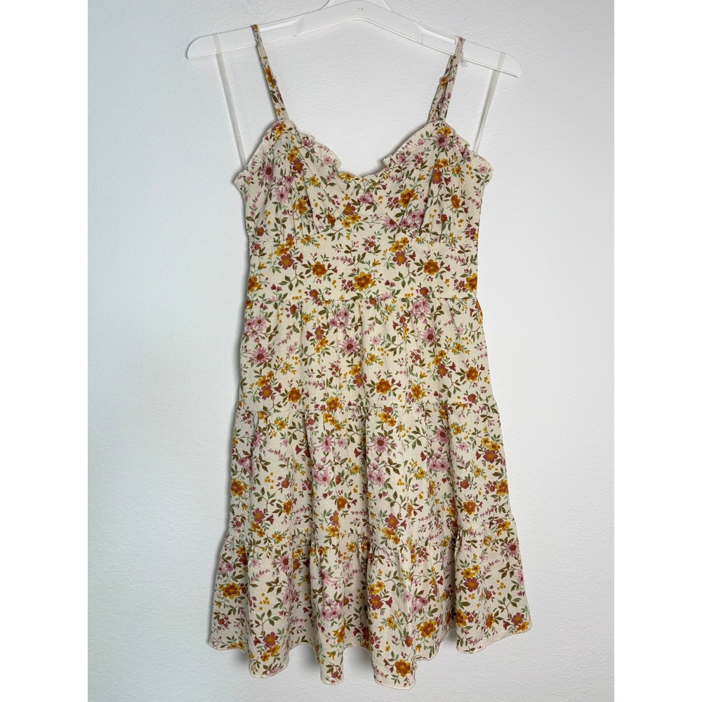 No Boundaries Floral Tiered Mini Dress Smocked‎ Back Cream Yellow Pink Small 4-6